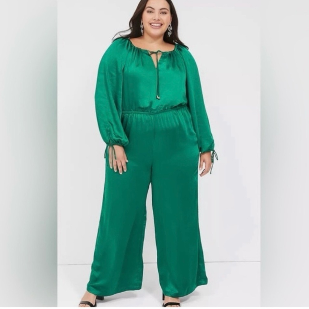 Lane Bryant Jumpsuit Womens Size 18 Green Satin Wide Leg Stretch Holiday Wedding